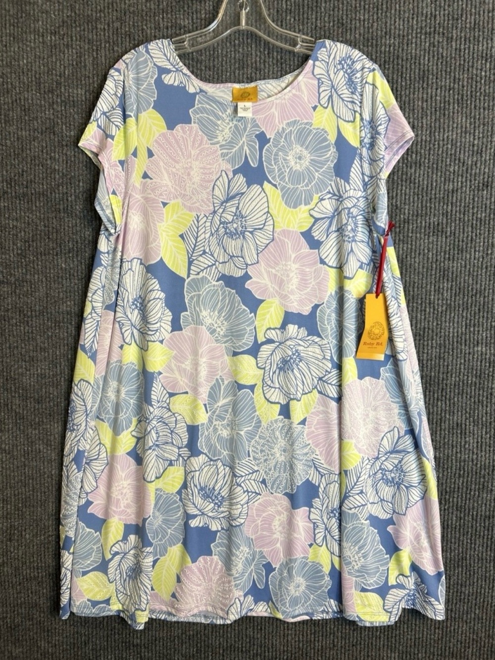 Ruby Rd. Women’s Blue Floral Midi Dress with Pink and Yellow Accents Size Medium